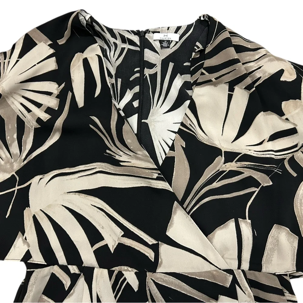 H by Halston Black and Cream Leaf Print Dress Dolman Sleeve - Picture 3 of 5